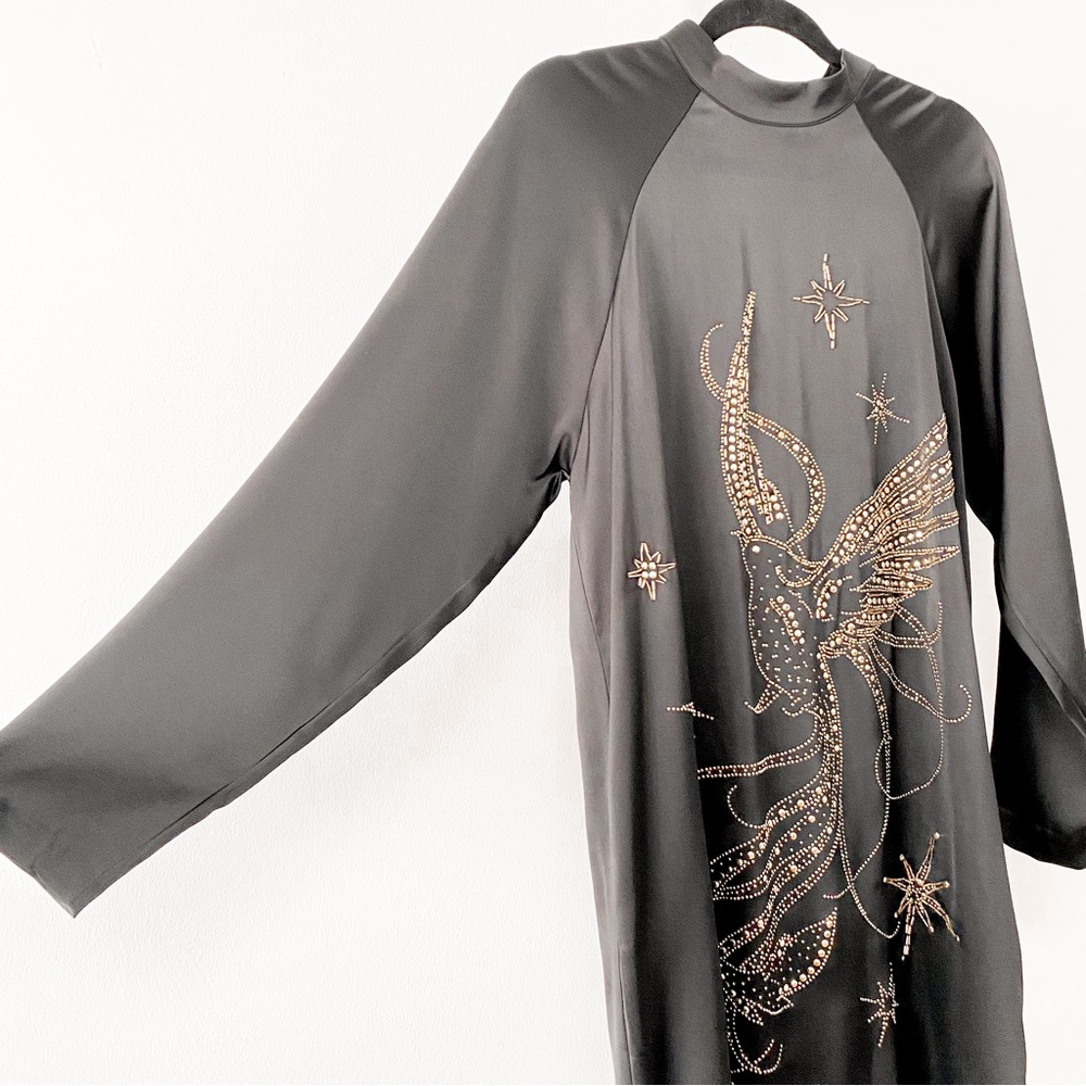 H&M Celetsial Bird Embellished Fall NYE Chic Long Sleeve Casual Satin Mini Dress - Picture 3 of 8